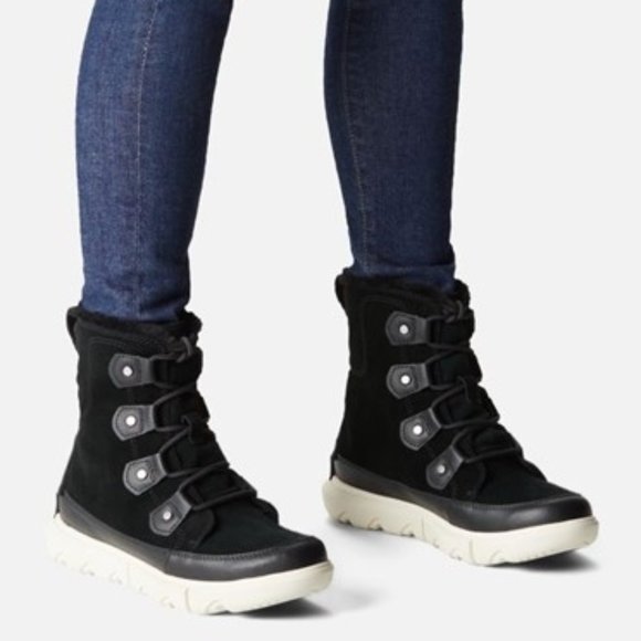 Sorel Explorer II Joan Boots Suede Faux Fur Lace Up Booties Black Size 7 NEW - Picture 1 of 8
